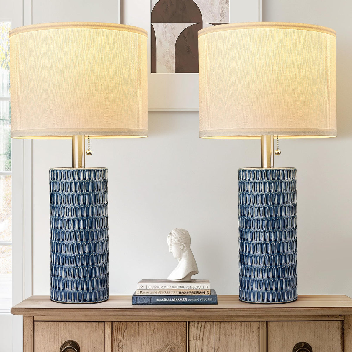 Reaketon ceramic table lamps set of 2 in dark blue for cozy living room ambiance