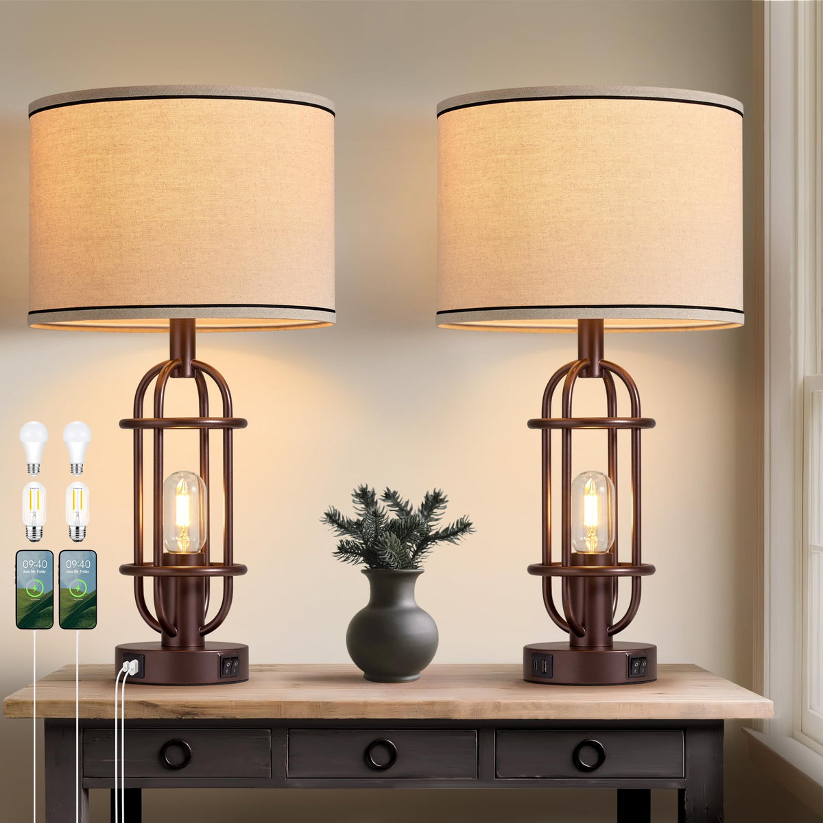 Reaketon two-lamp set offers warm ambience for living rooms.