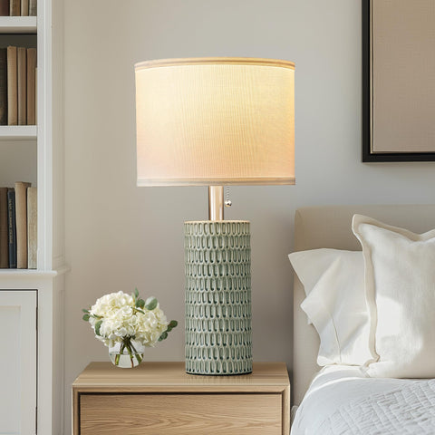 Reaketon modern green ceramic table lamps highlight contemporary living room design.