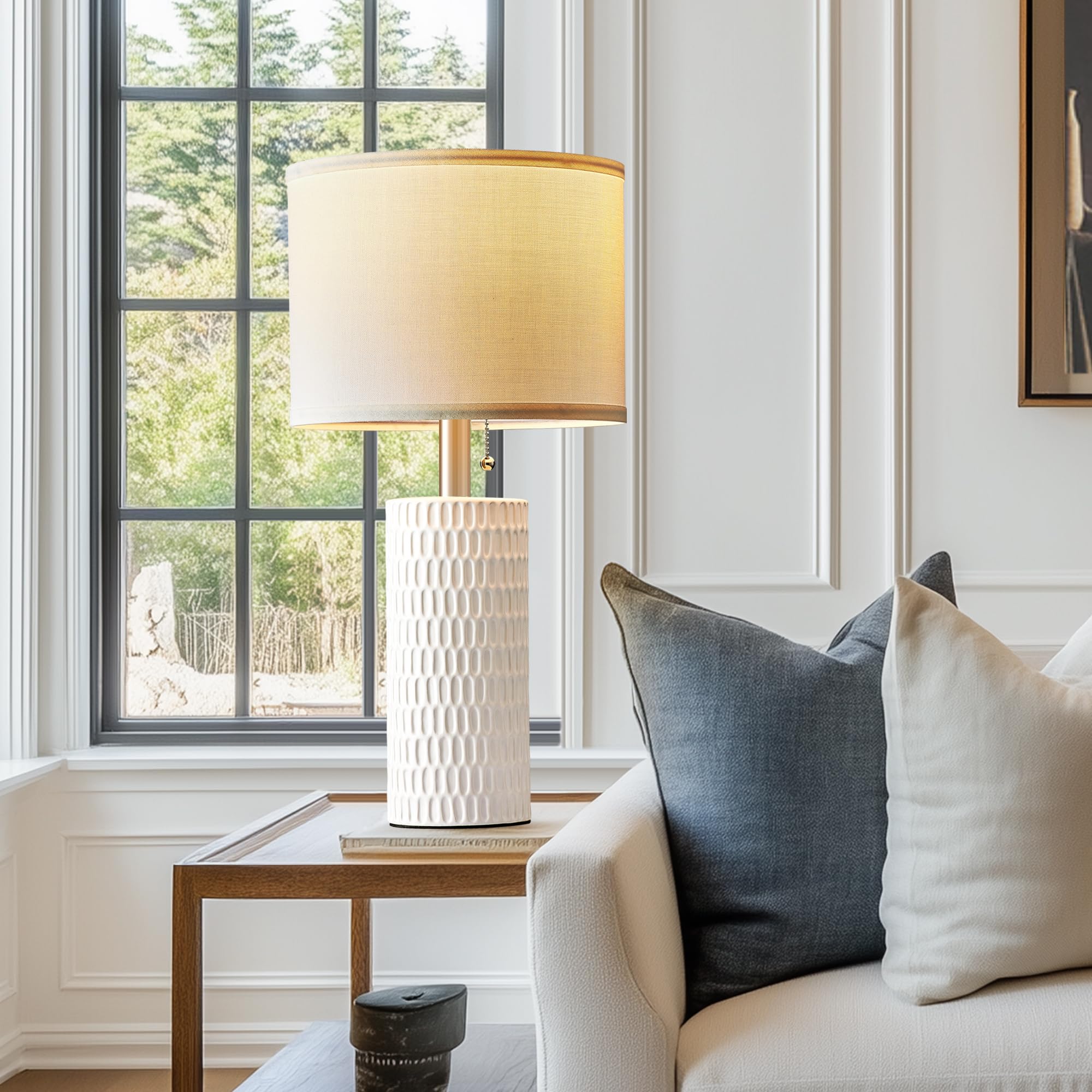 Pull chain bedside lamps offering easy access and stylish detail.