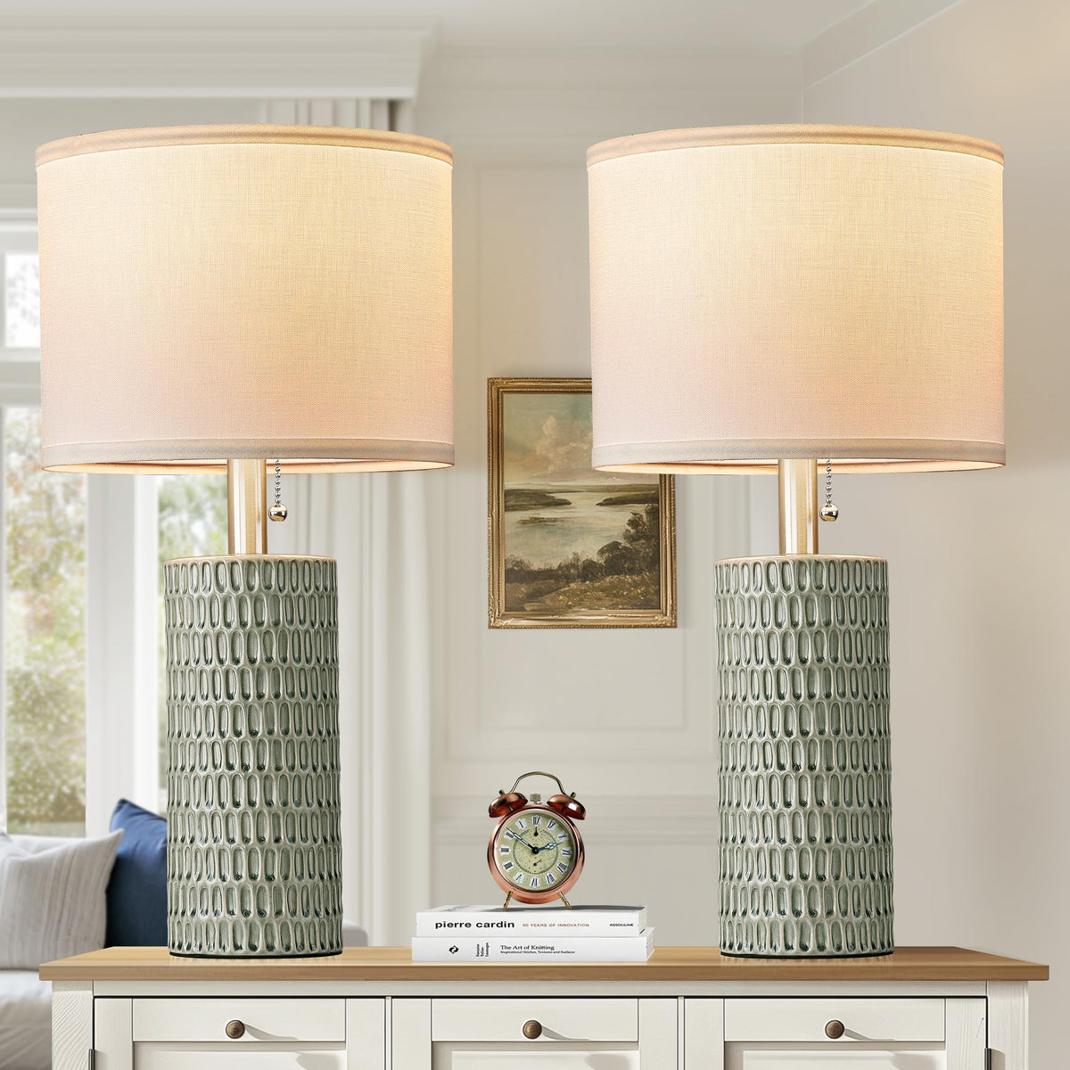 Reaketon table lamps with a green ceramic base offer durable, stylish lighting.