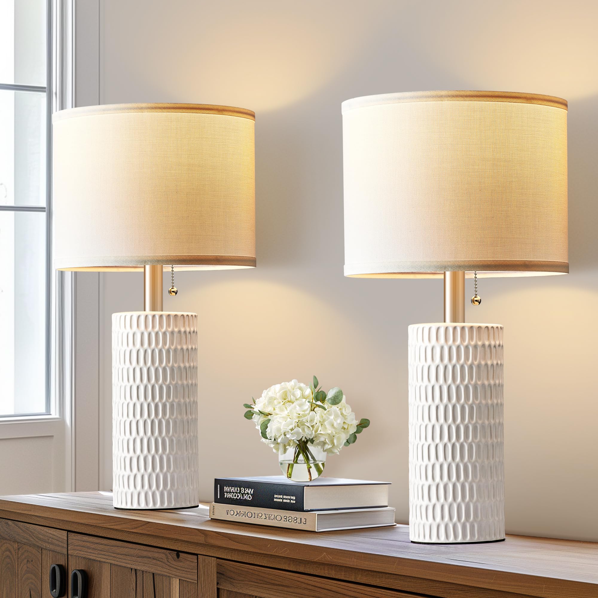 White farmhouse-style bedroom lamps adding warm ambiance to living spaces.
