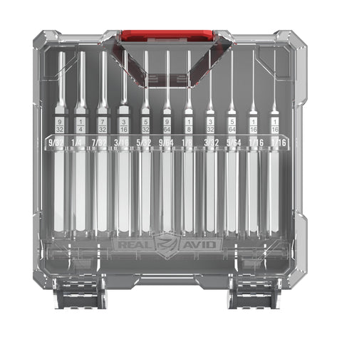 Real Avid Accu-Punch 11-piece set neatly stored in its case for quick access.
