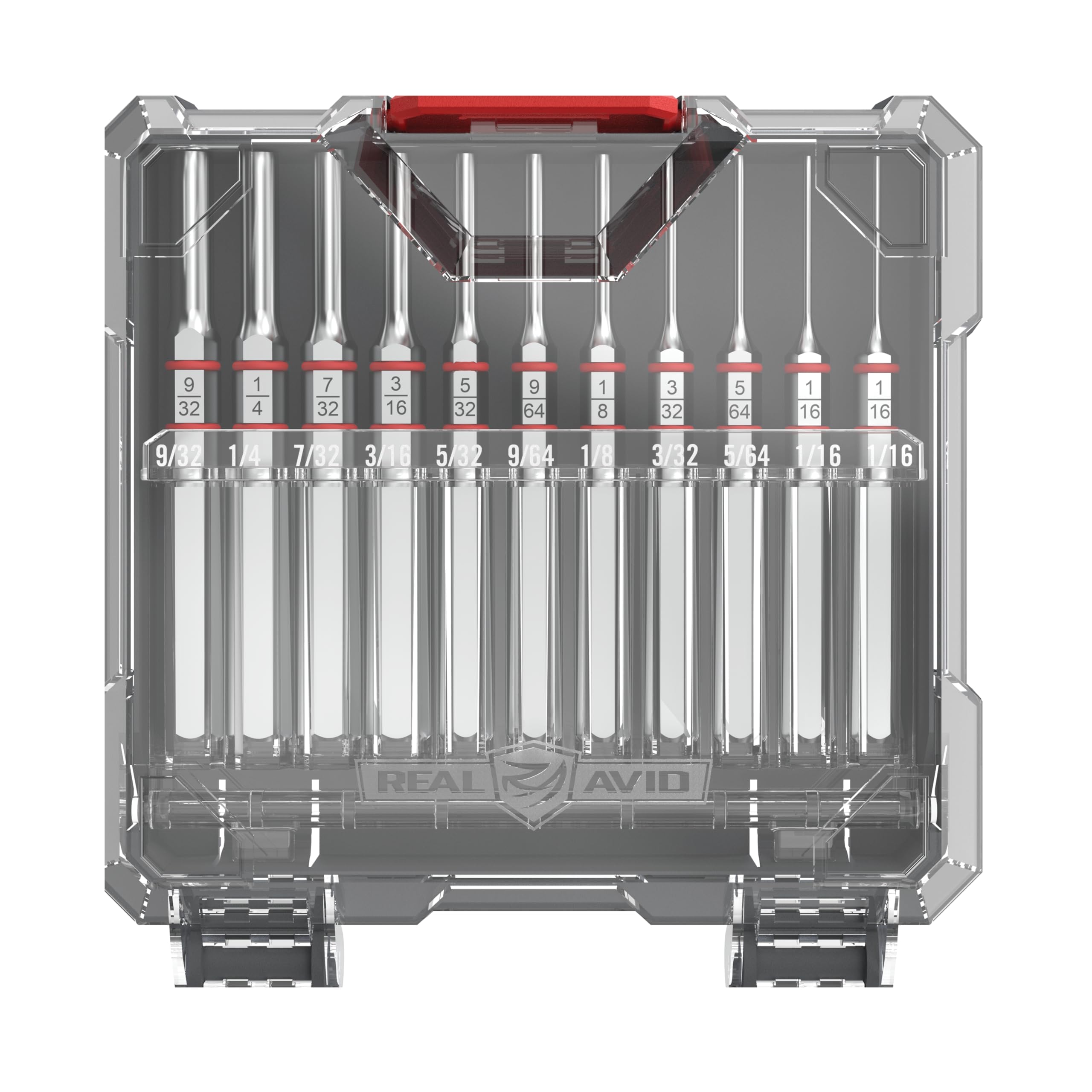 Real Avid Accu-Punch 11-piece set in case open for quick access and organization.