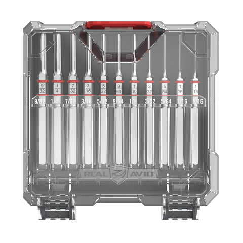 Real Avid Accu-Punch 11-piece set in case open for quick access and organization.