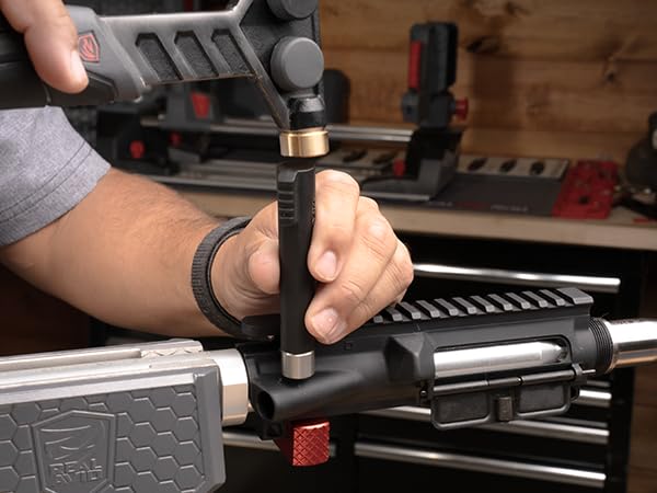 Real Avid Armorer's Master Hammer featuring magnetic pin starter for quick pin handling.