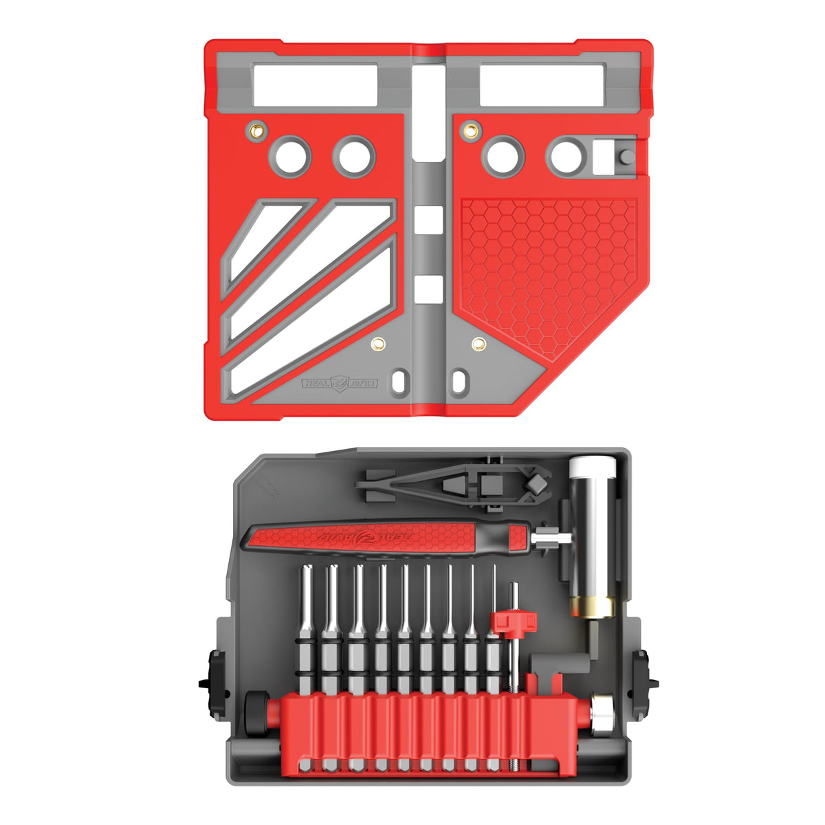 Real Avid Master Bench Block Pro-Kit top view showing non-marring block and punch storage.