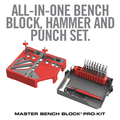 Real Avid Master Bench Block Pro-Kit standard and roll pin punches organized for quick setups.