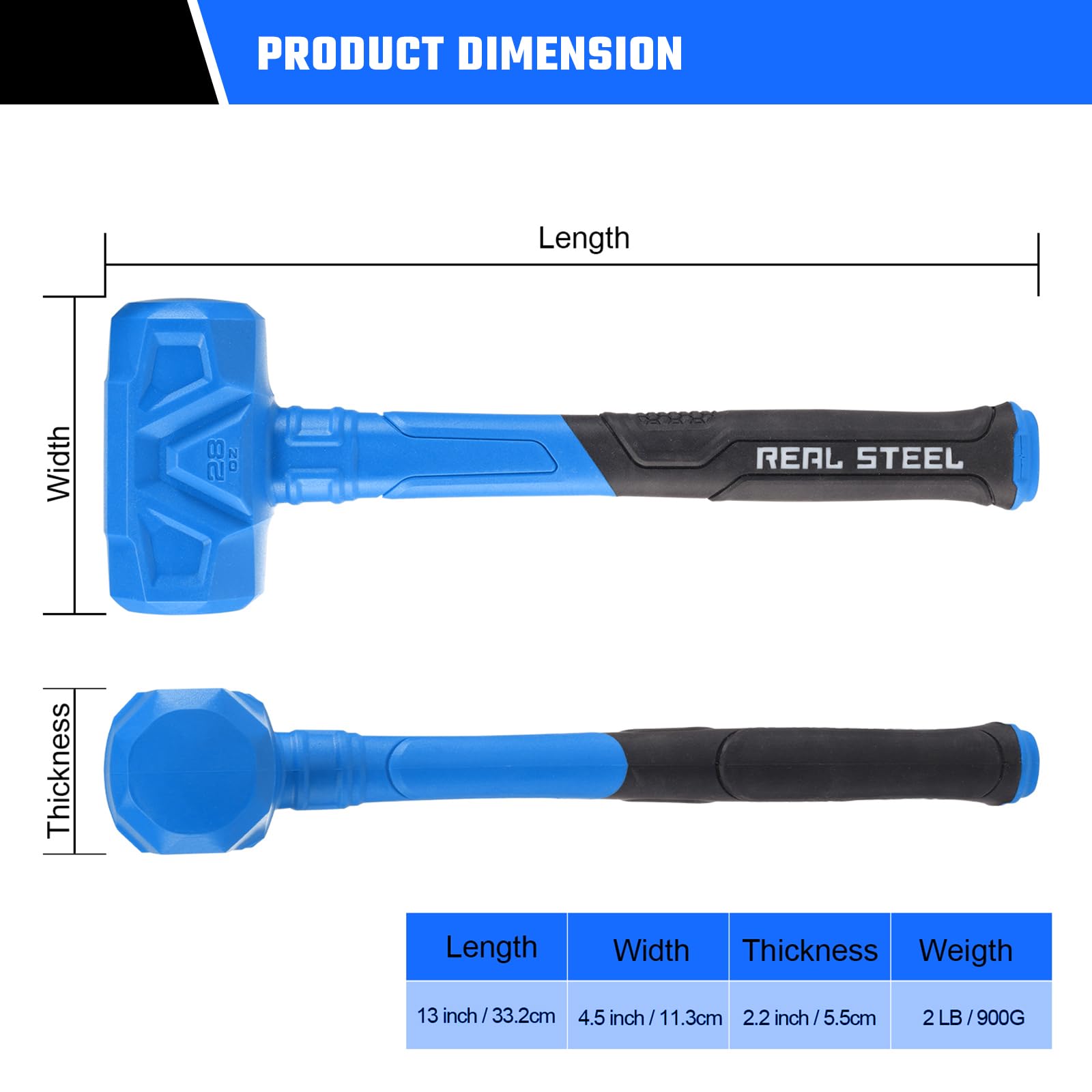 Real Steel Dead Blow Hammer features a rugged three-layer design for durability.