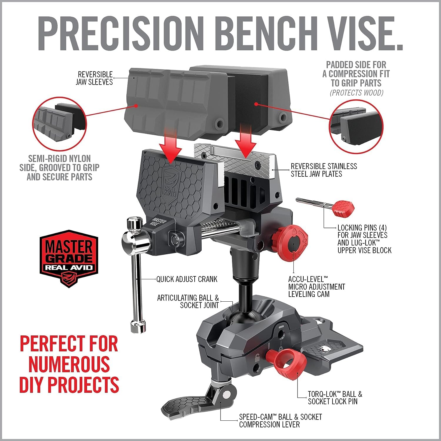 Real Avid Vise articulating ball joint enables flexible clamping angles.