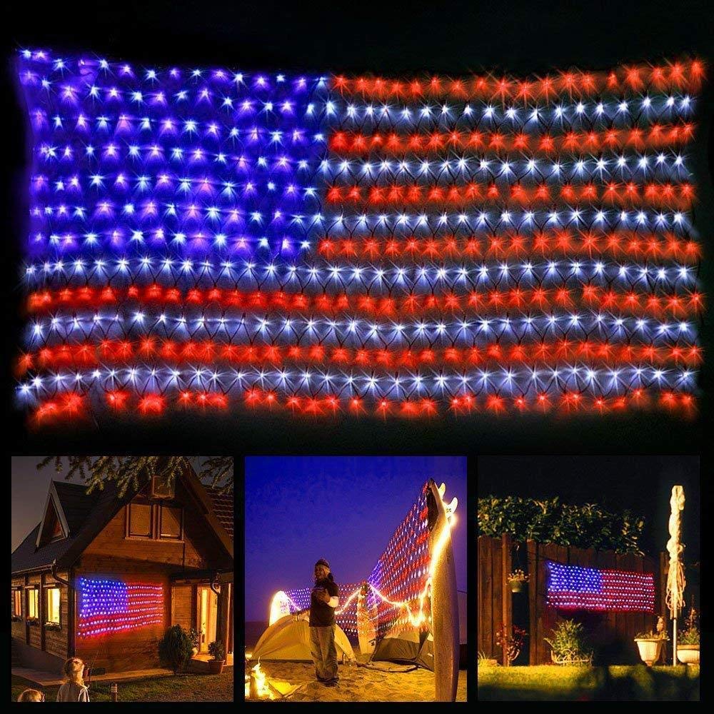 Realization American Flag Lights: 420-LED net light perfect for outdoor patriotic display, weather-resistant.