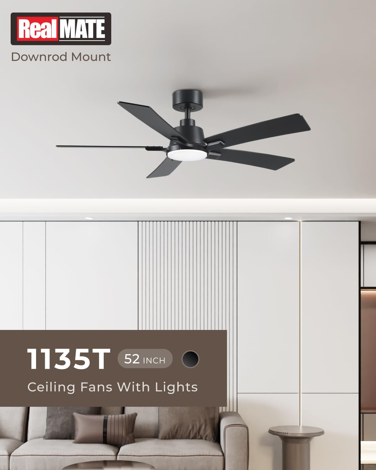 Realmate downrod ceiling fan mounted for a clean, modern look