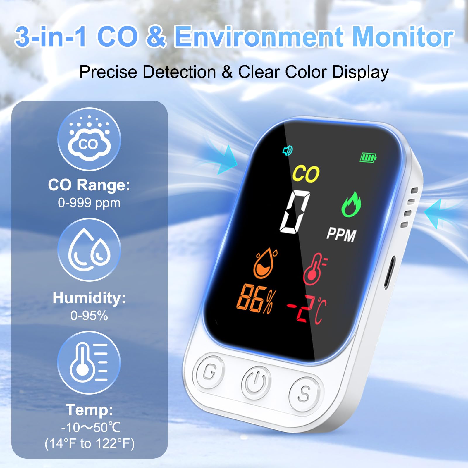 RealPlus HD display shows CO humidity and temperature at a glance.