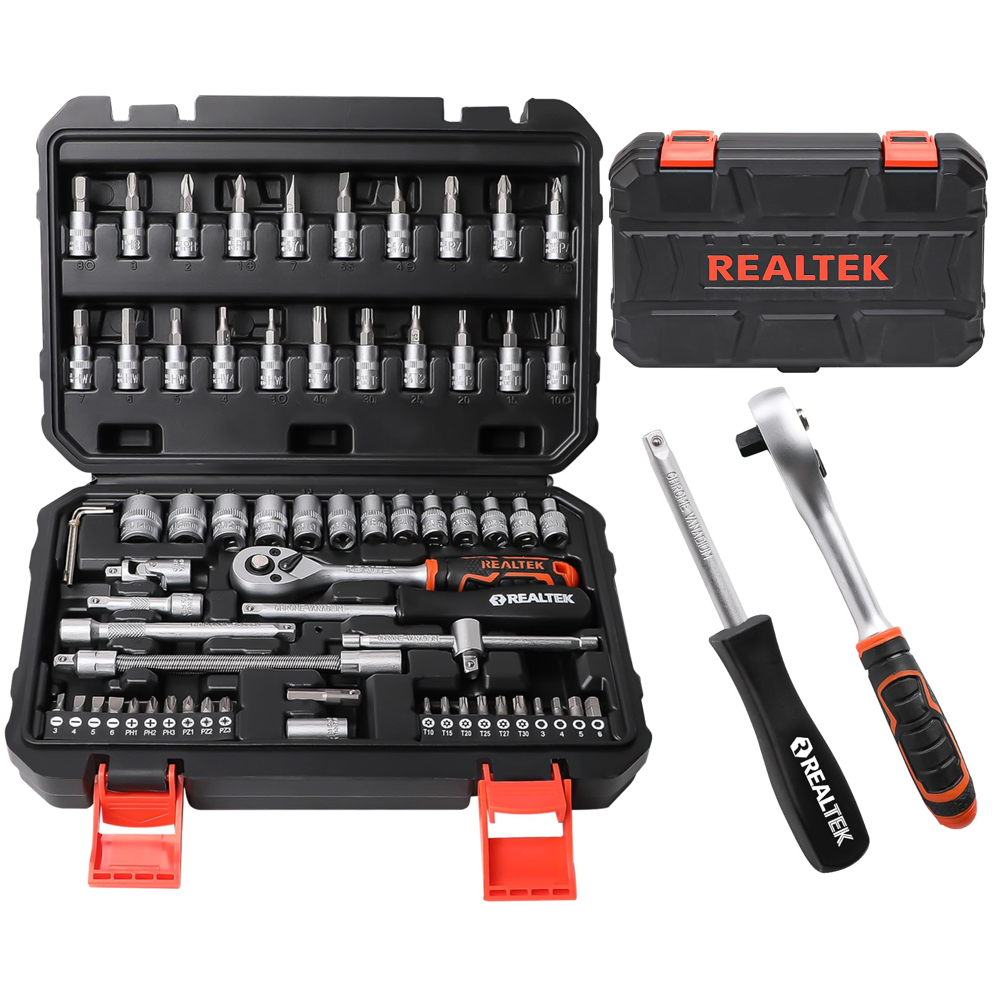 REALTEK 66-piece socket set in case for organized auto maintenance and quick repairs.