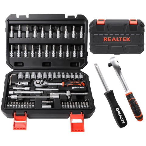 REALTEK 66-piece socket set in case for organized auto maintenance and quick repairs.