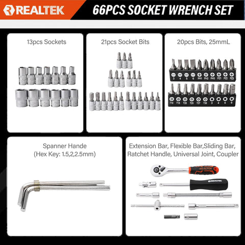 REALTEK socket bits lineup shows 21 sizes for versatile tasks.