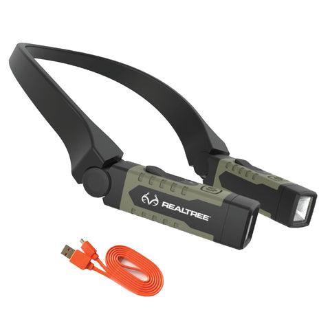 Realtree EZRED RT357 neck light front view for hands-free outdoor tasks.