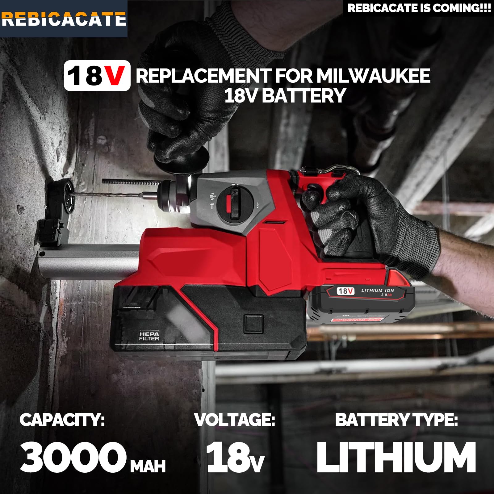rebicacate m18 battery with LED indicator showing remaining power at a glance