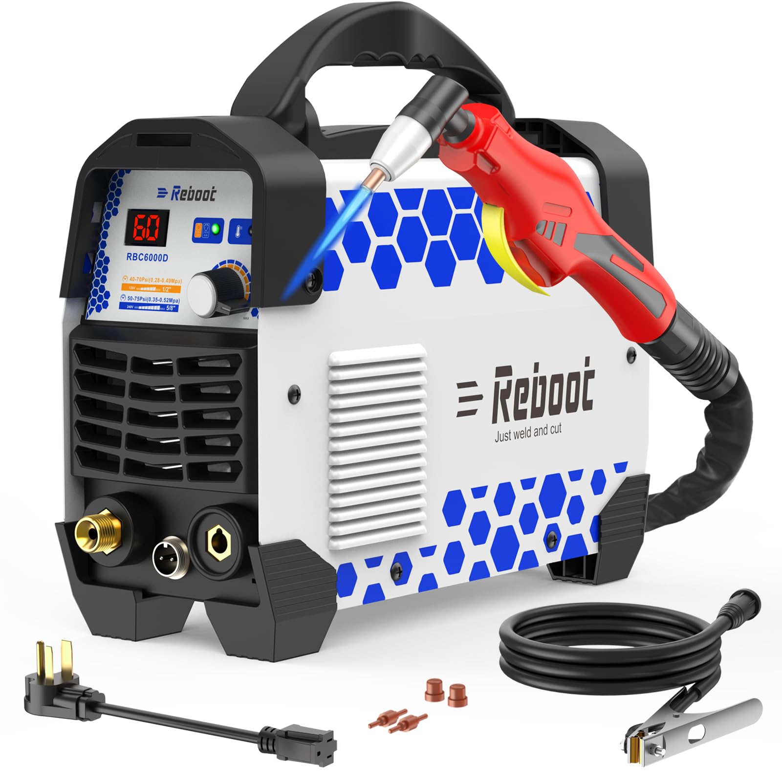 Reboot RBC6000D dual-voltage plasma cutter in action for efficient car repairs.