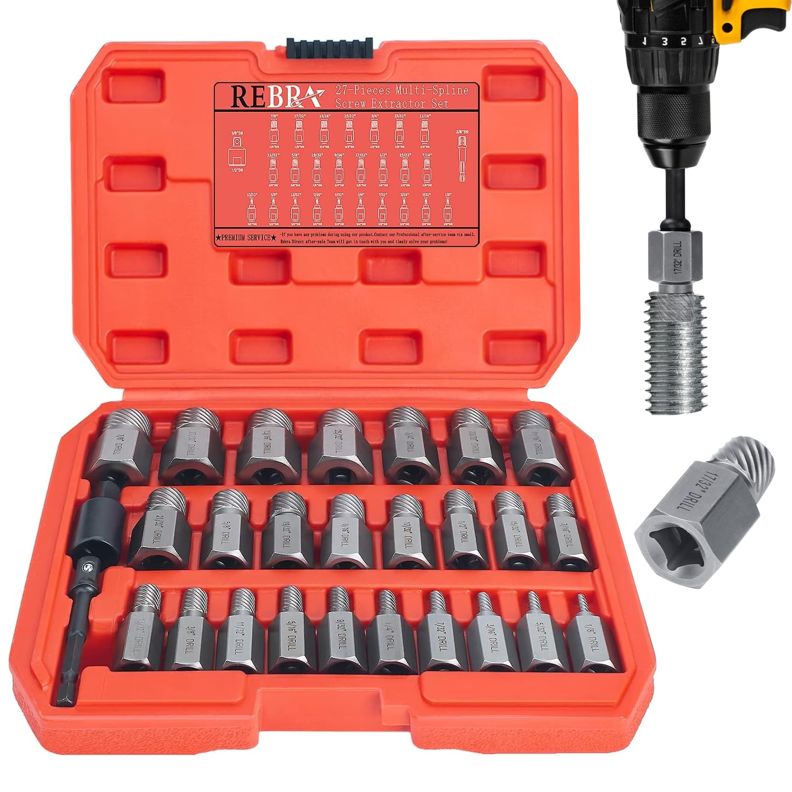 REBRA 27-piece screw extractor set in use removes a damaged bolt