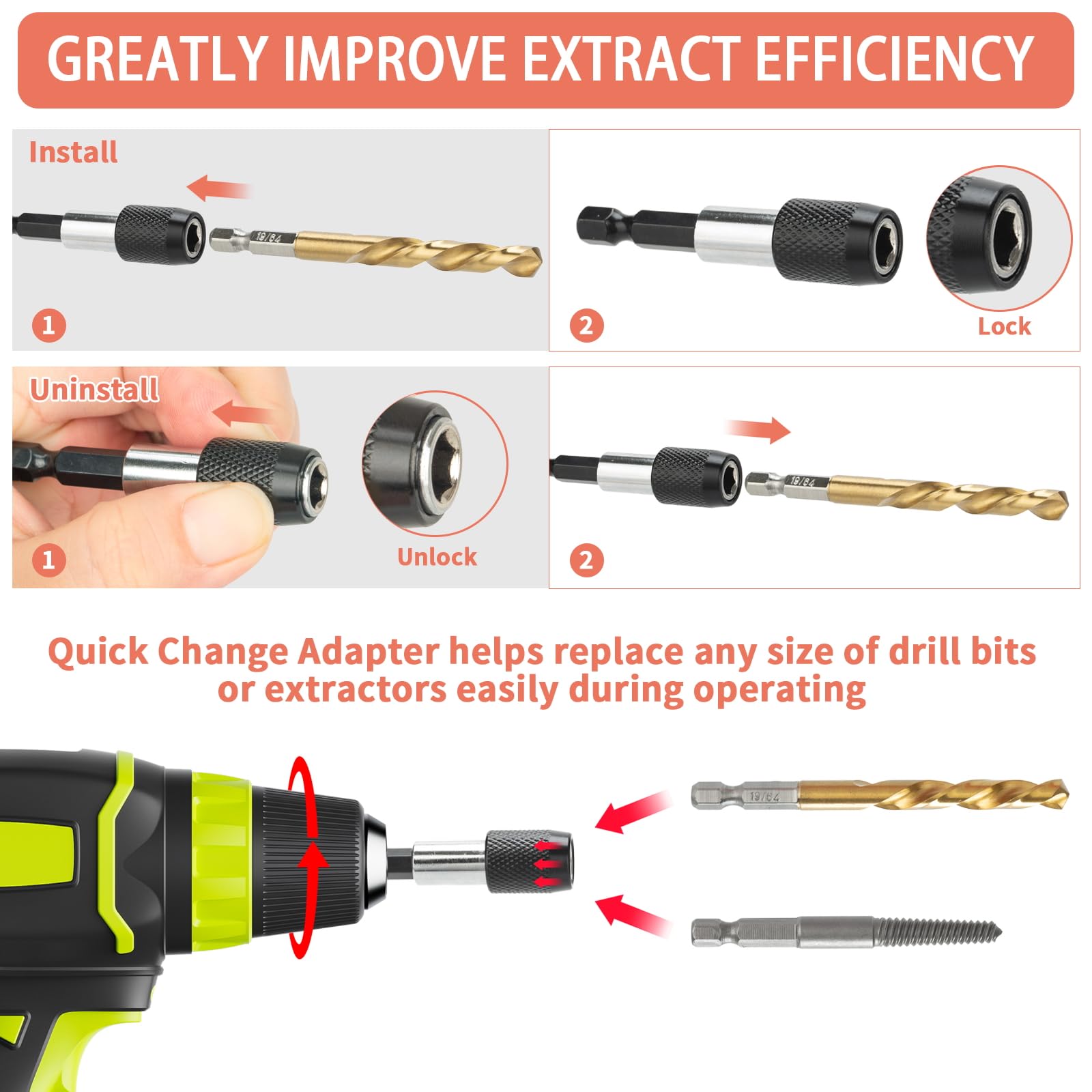 REBRA alloy bolt extractors set covers sizes 1# to 6# for versatile removal.