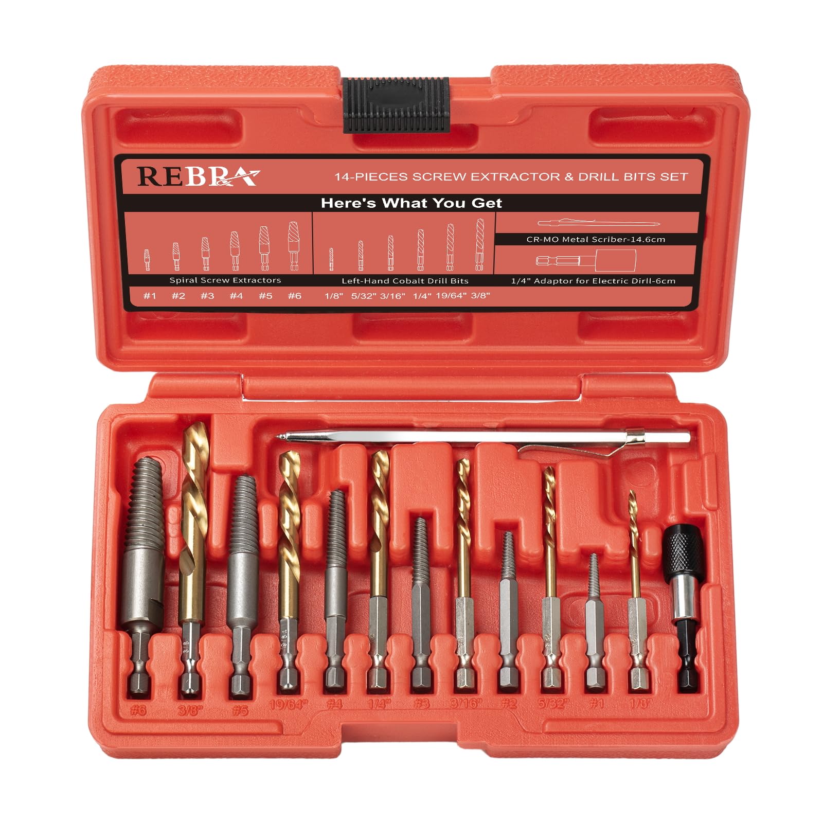 REBRA screw extractor kit in a compact case for quick bolt removal and repairs.