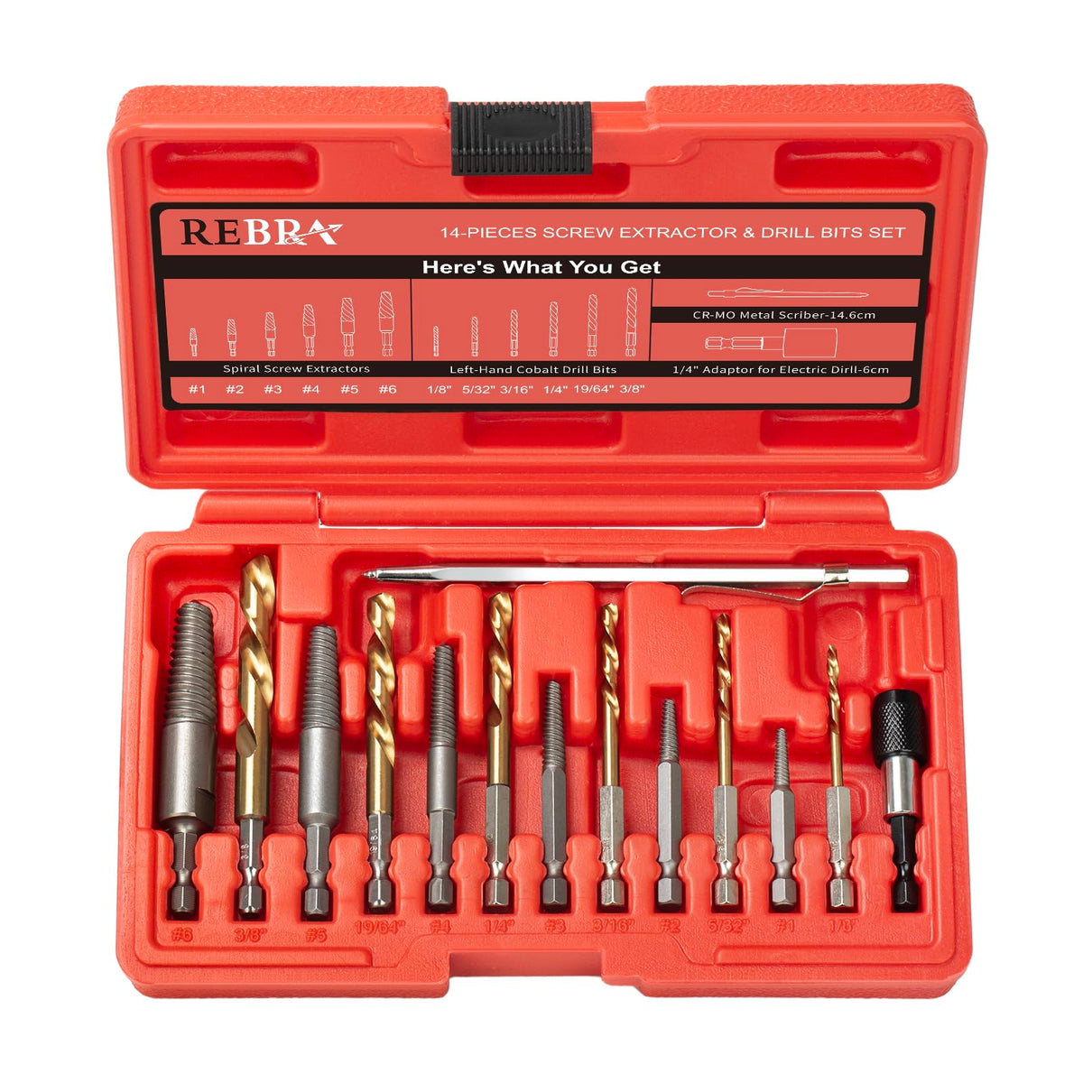 REBRA screw extractor kit in a compact case for quick bolt removal and repairs.