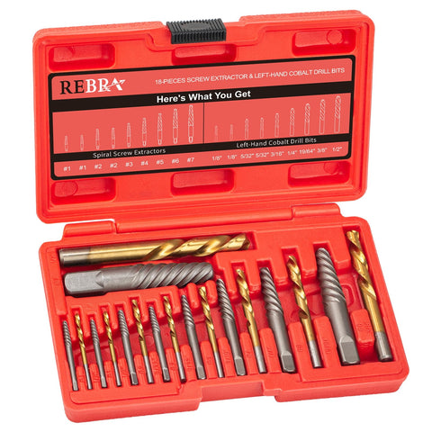 REBRA screw extractor set 18-piece case for quick on-site bolt removal.