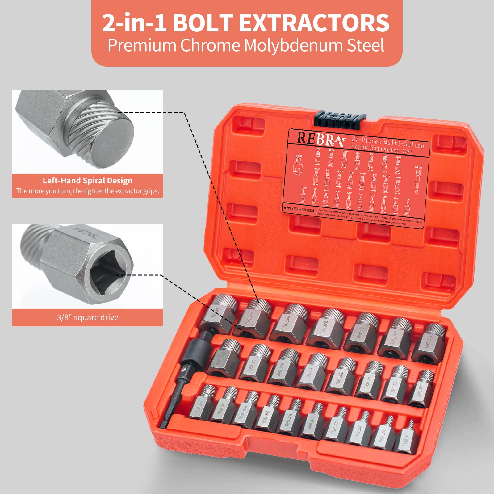 REBRA extractor kit shown with wrench for easy power or hand use
