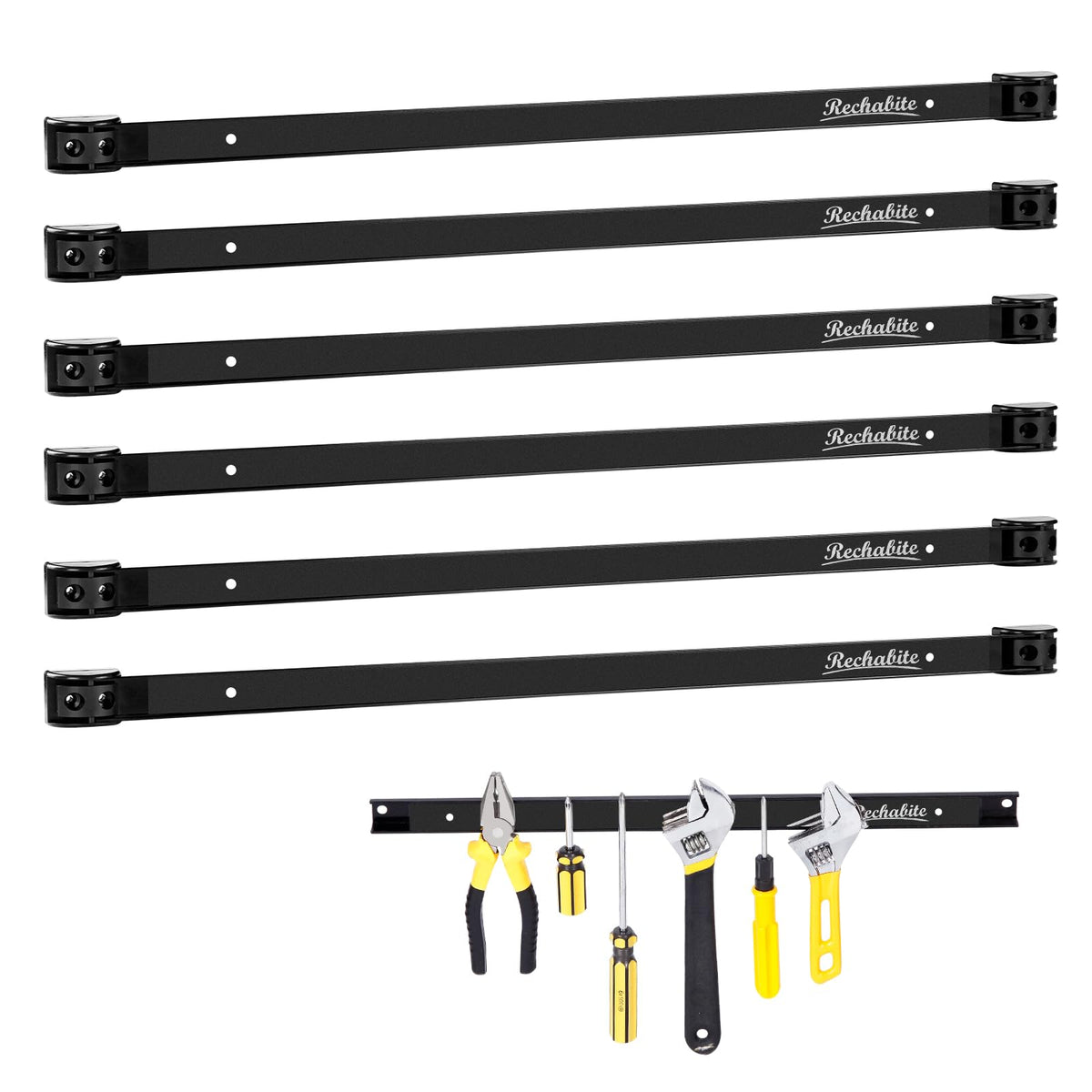 Rechabite 6-piece magnetic tool strip mounted on wall for organized garage tools