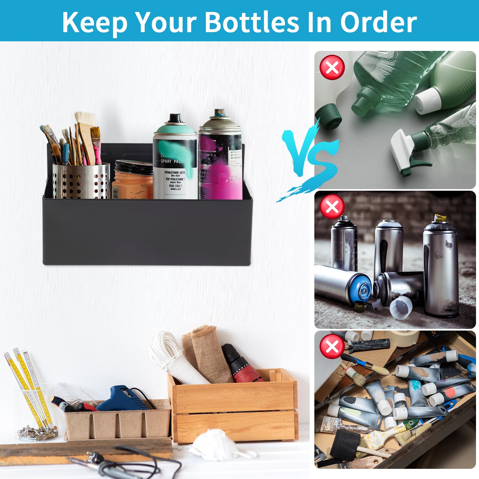 Rechabite bottle organizer stacks paint cans and oil bottles neatly