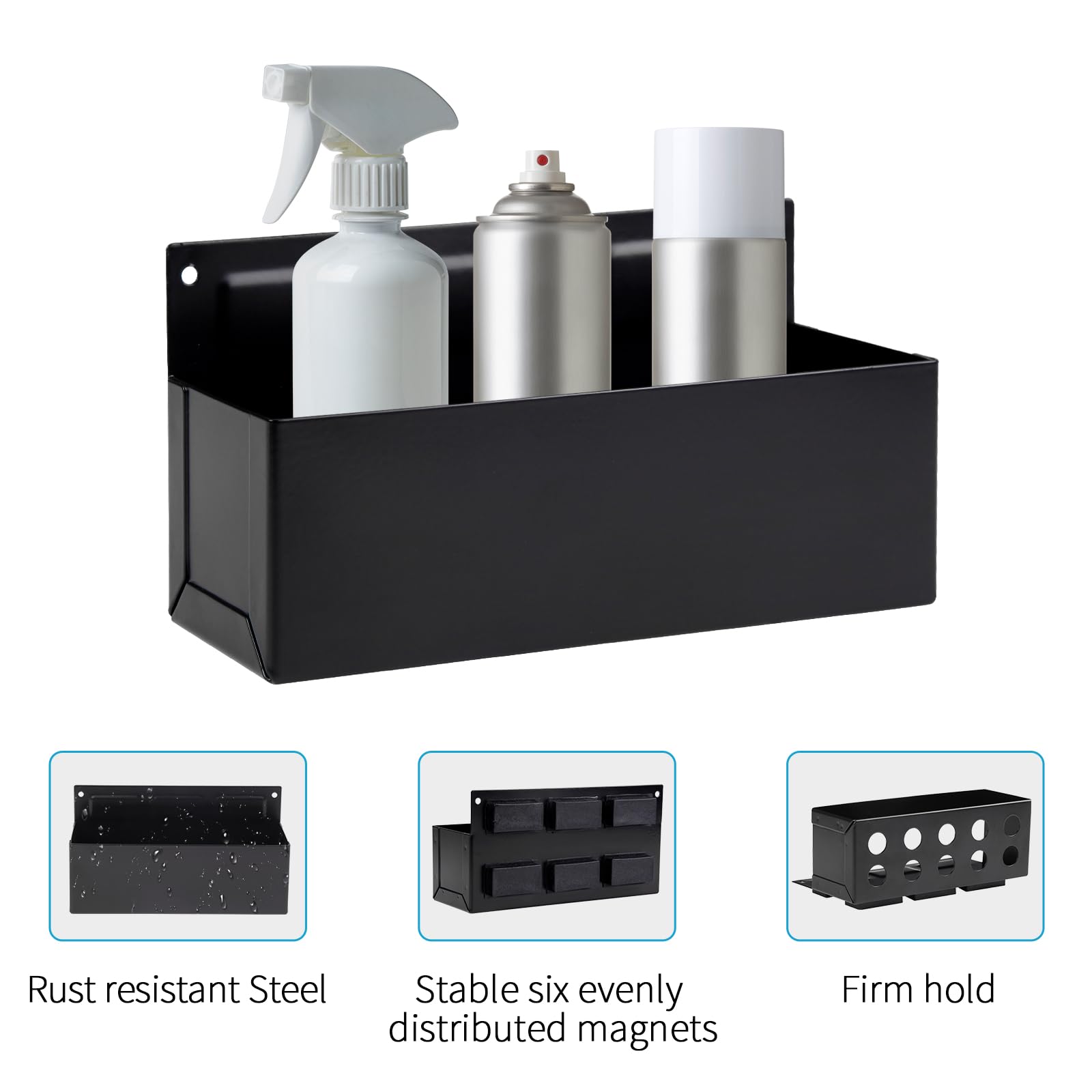 Rechabite magnet-back holder on metal surface keeps cans secure during projects