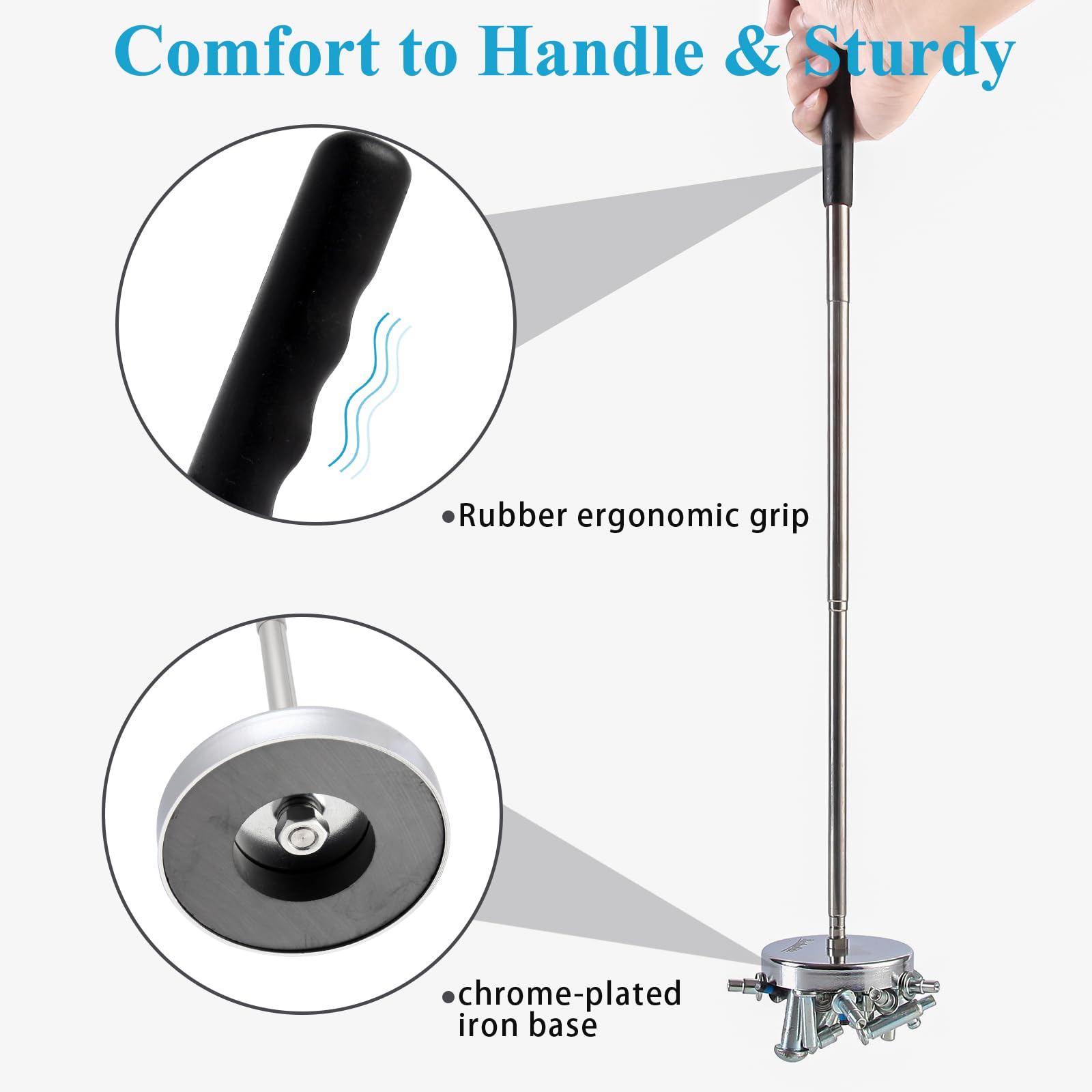 Rechabite magnetic sweeper ergonomic grip improves comfort during cleanup.