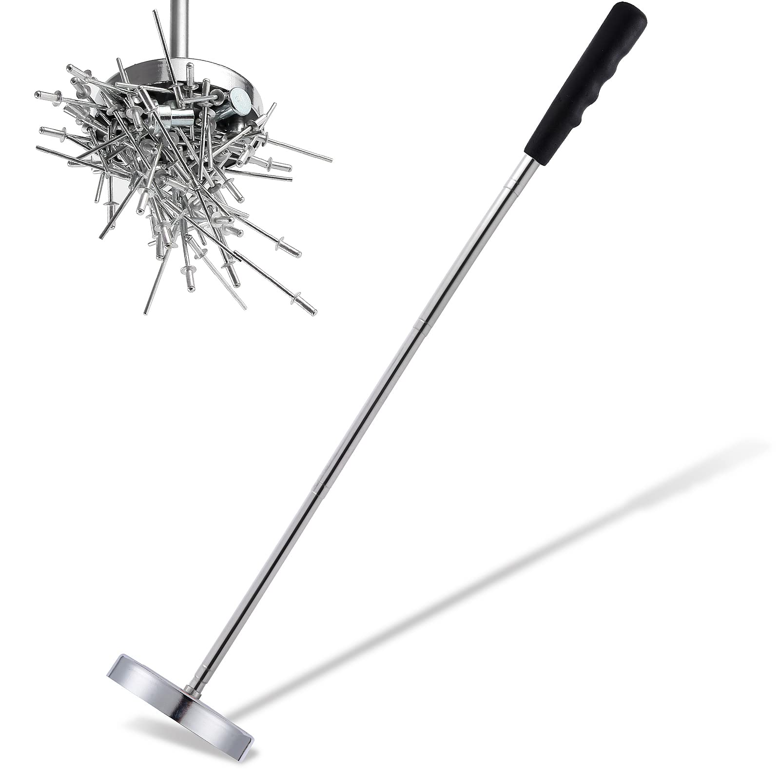 Rechabite magnetic sweeper extended-handle for easy reach and floor pickups.
