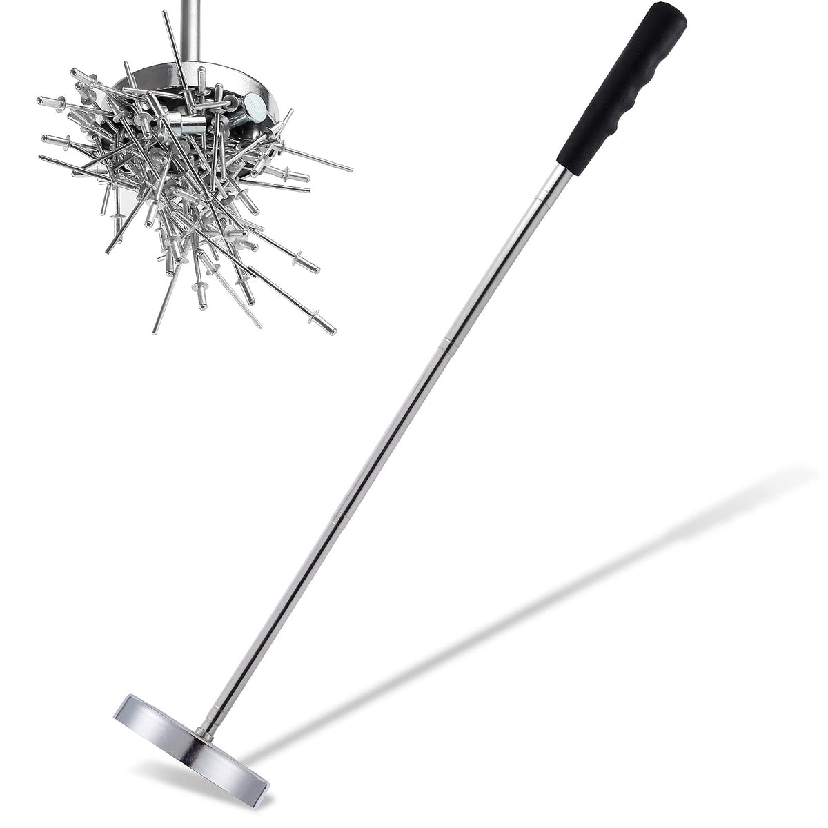 Rechabite magnetic sweeper extended-handle for easy reach and floor pickups.