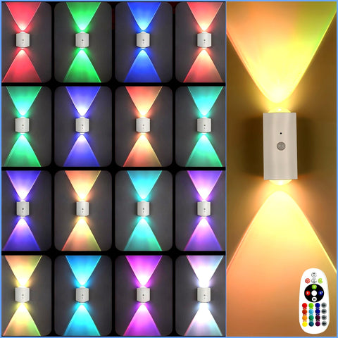 Rechargeable RGB LED wall lamp in bedroom demonstrates soft, adjustable illumination
