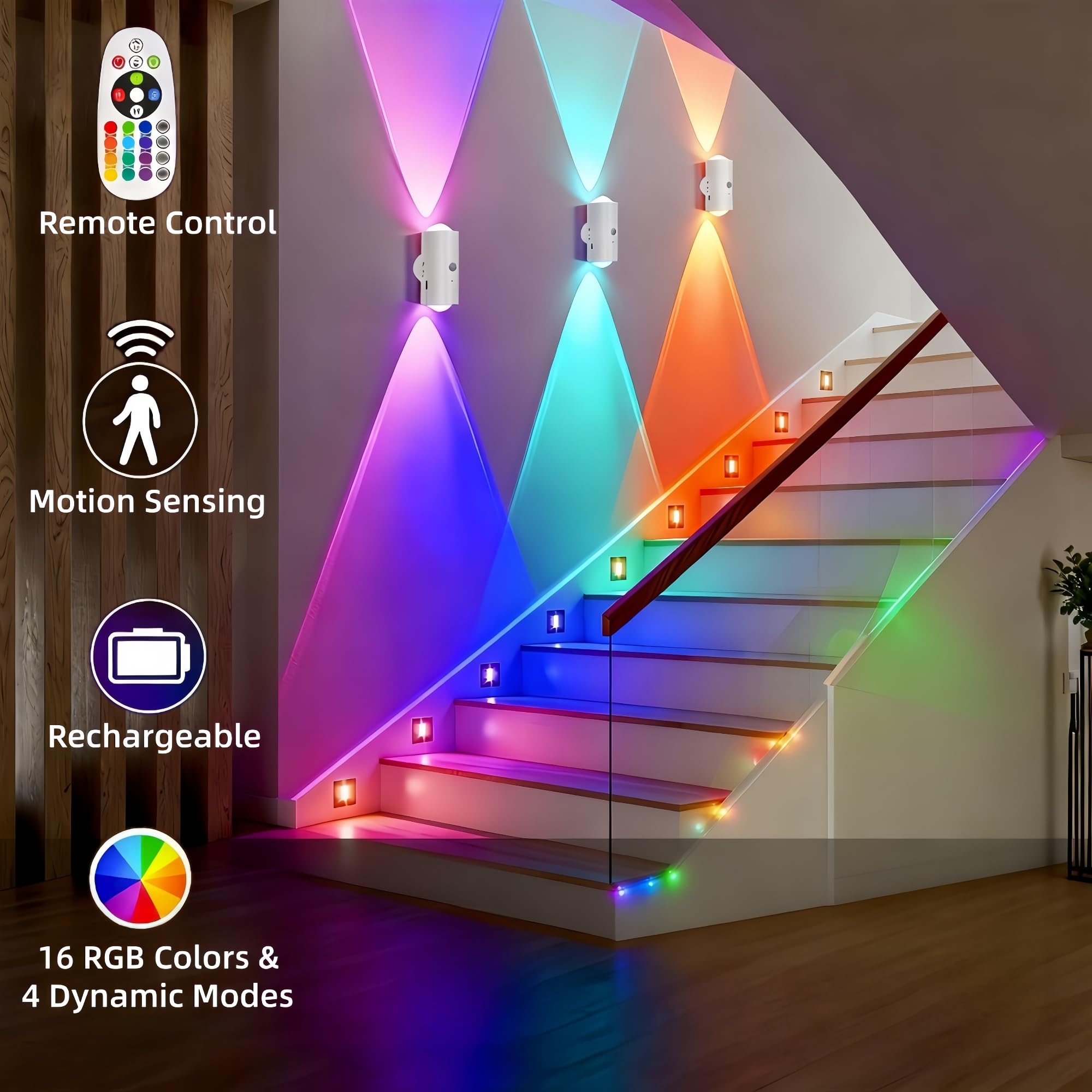 Rechargeable RGB LED wall lamp in hallway showing color modes for mood lighting