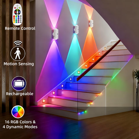 Rechargeable RGB LED wall lamp in hallway showing color modes for mood lighting