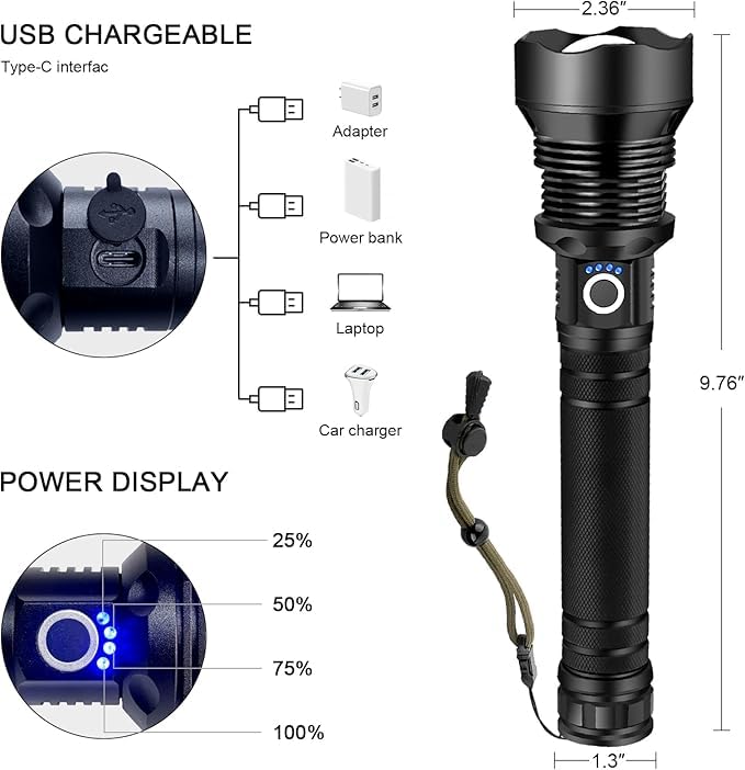 Rechargeable LED Flashlight rugged construction for durable outdoor use.