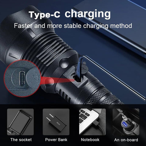 Rechargeable LED Flashlight strong beam for bright visibility at night.