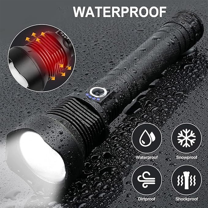 Rechargeable LED Flashlight waterproof seal for use in rain and weather conditions.