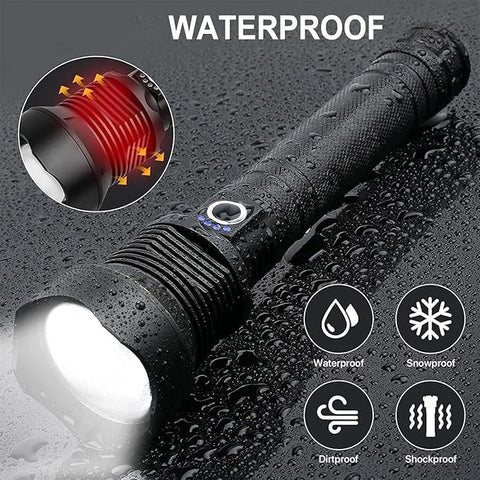 Rechargeable LED Flashlight waterproof seal for use in rain and weather conditions.