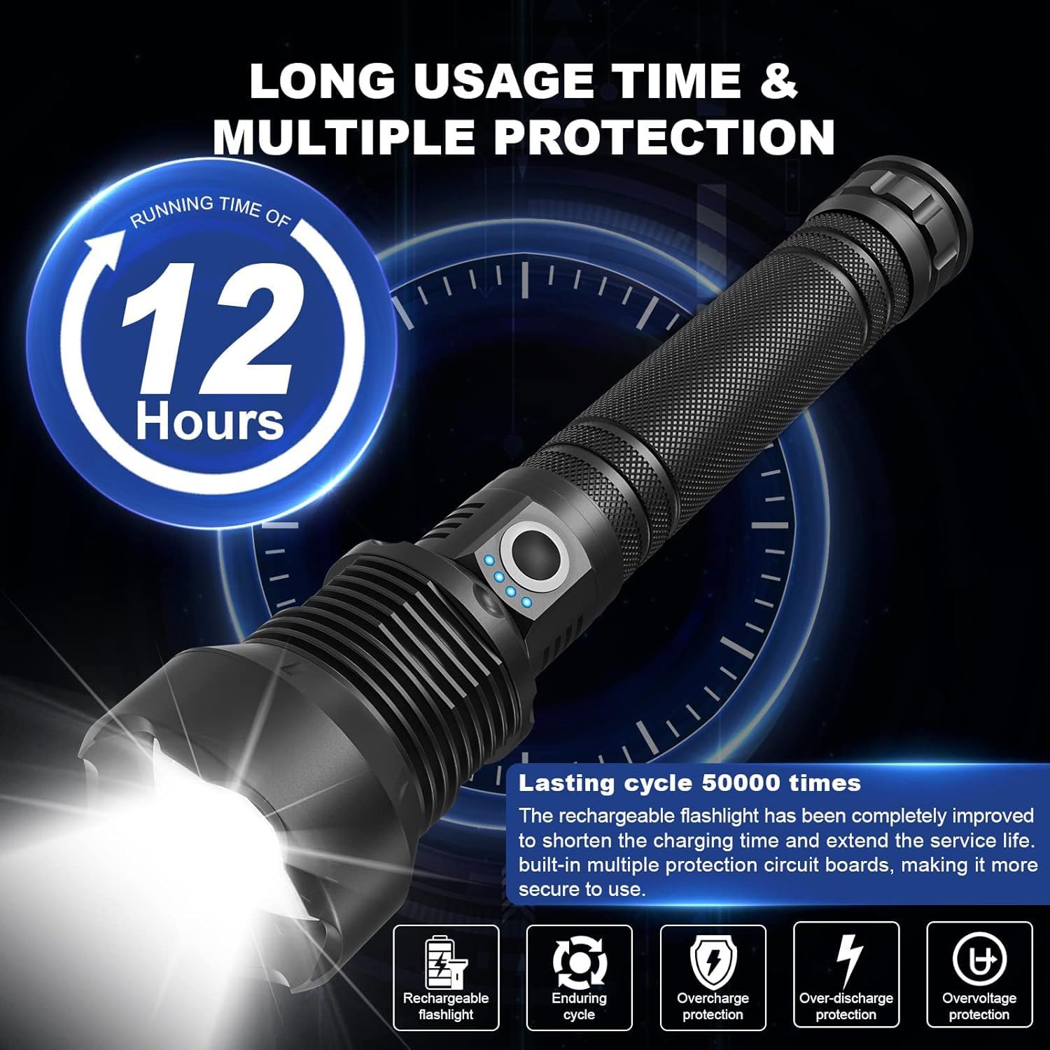 Rechargeable LED Flashlight zoom feature for versatile flood and spotlight during hikes.