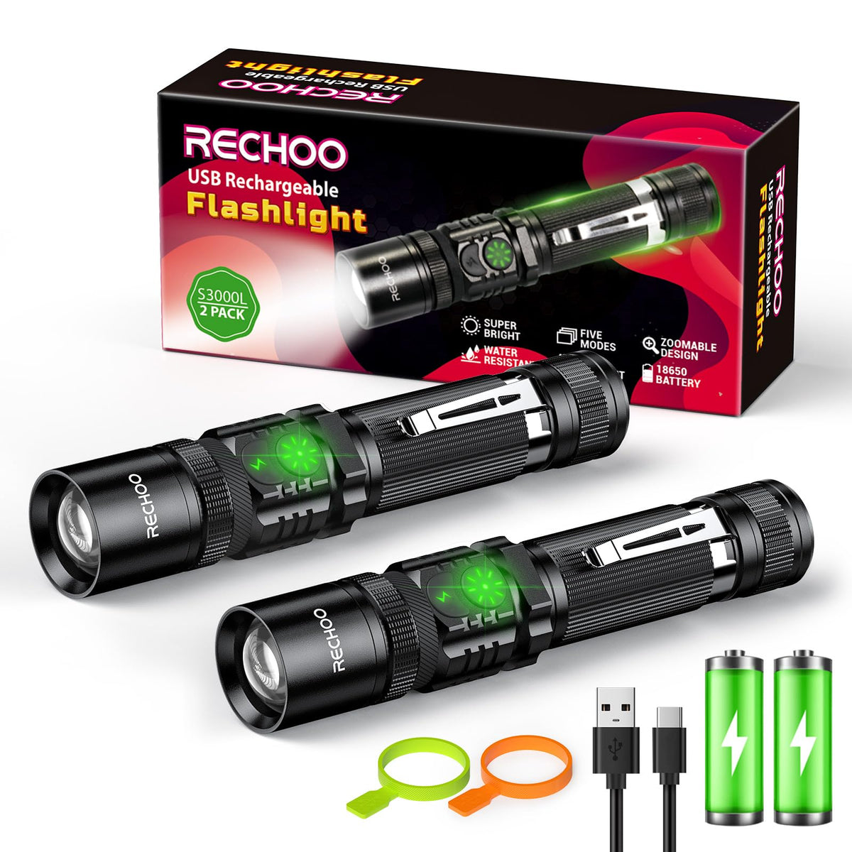 RECHOO S3000L dual-switch flashlight front view for everyday illumination