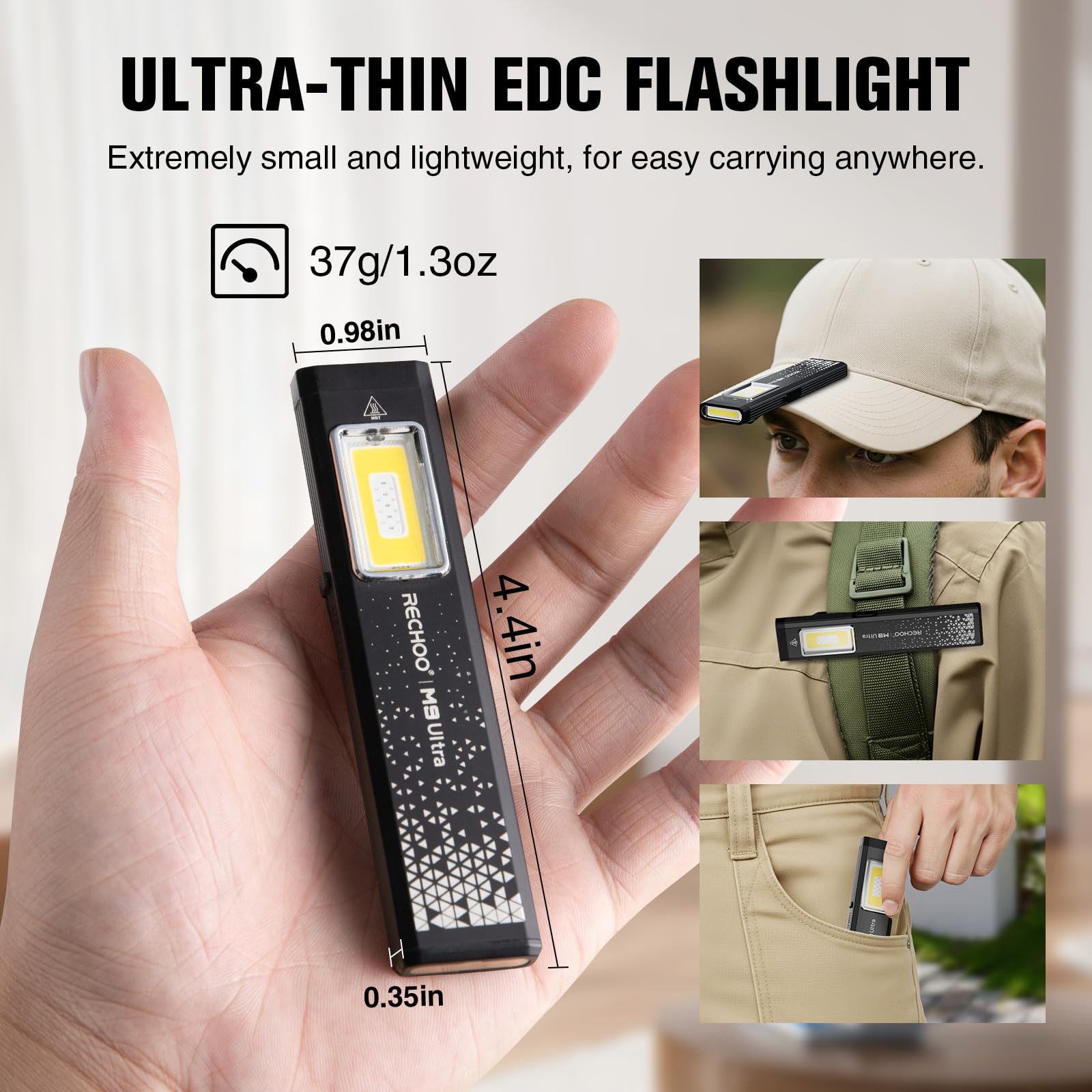 RECHOO EDC flashlight with magnetic base for hands-free use on metal surfaces.