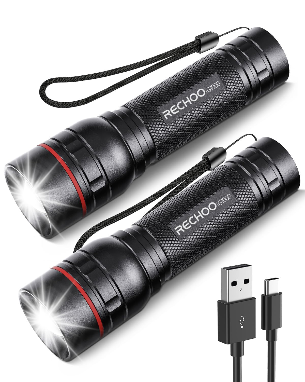 RECHOO G1000 flashlight with zoom beam for camping and emergencies.