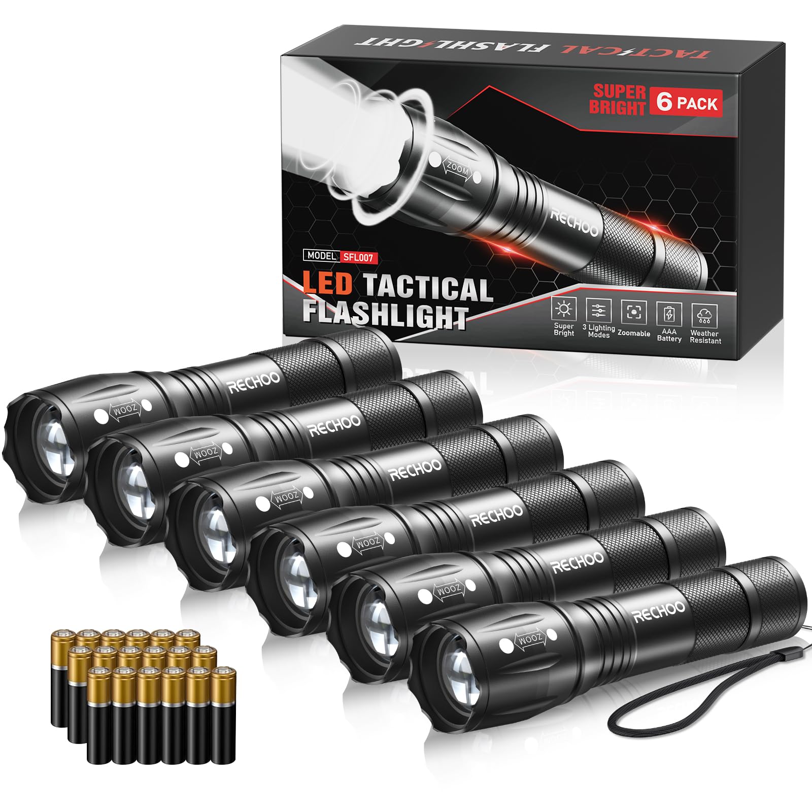 RECHOO LED flashlight six-pack with batteries for emergencies.