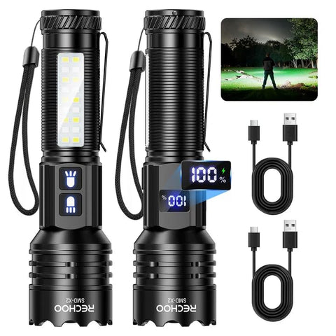 RECHOO rechargeable flashlight front view highlights high brightness for large spaces.