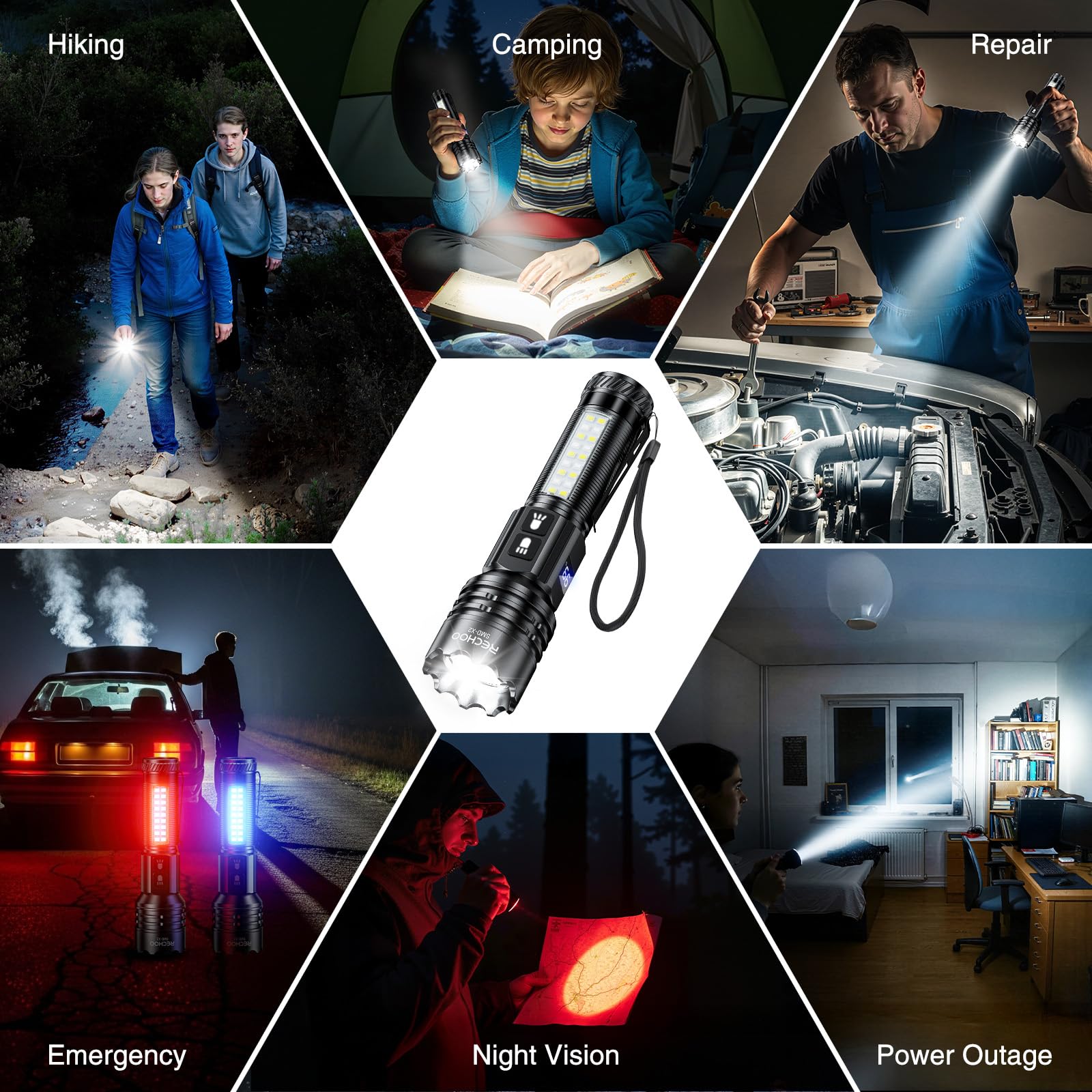 RECHOO rechargeable flashlight set includes two lights and accessories.