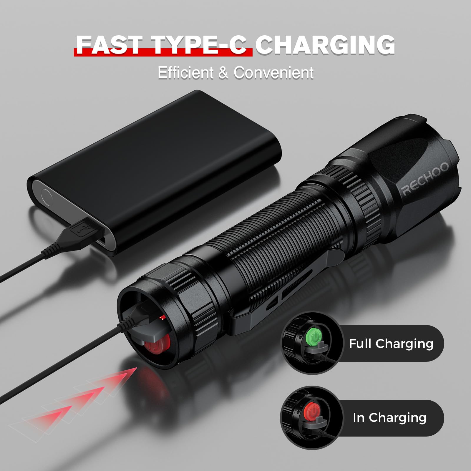 RECHOO red light flashlight displays battery indicator for easy power management